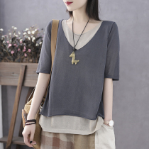 Han suoyi literary retro summer new thin short sleeve linen cotton T-shirt female fake two-piece loose middle sleeve top