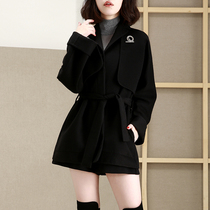 H family classic two-piece set with long and double face cashmere big coat woman small sub wool short and black fur coat