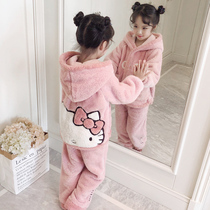 Child Sleepwear Autumn Winter Flannel Thicken with cute CUHK Girl Girl Baby Coral Suede Home Suit Suit