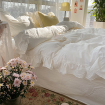 Pleasing) Pure Fairy Cream White Washed Cotton Four Pieces Full Cotton Pure Cotton Lotus Leaf Edge Public Main Wind Bed Accessories