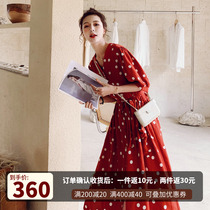  Chiffon dress female 2021 summer new Korean version of French retro bellflower skirt long red polka dot dress