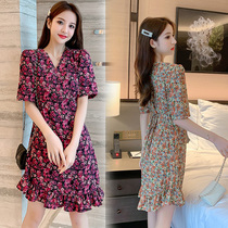 Fa-style first love nepotism nepotism ultra-sensational floral dress Short-style dress with a touch of light and small snow spinning skirt summer