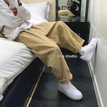 Khaki fried street overalls pants mens straight loose Japanese oversize wide leg pants old style casual trousers