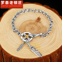 Rotai Old Silversmith 925 Silver Feather Bracelet Men Tides Korean Edition Japanese Singles Personalities small crowdsourced design sensation