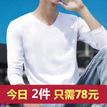 Long-sleeved T-shirt mens chicken heart V-neck pure white pure cotton blood jacket Short-sleeved pure cotton blood autumn coat Solid color spring and autumn base shirt