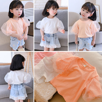 2022 girl girl summer dress new elegant French style mesh yarn bubble short sleeve pure cotton T-shirt with undershirt female baby blouse