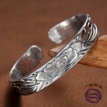 999 Foot Silver Bracelet Retro Wide Face Rich peony opening solid female Embossed pure silver bracelet to send Mom Gift