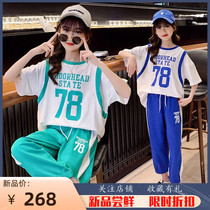 Girls basketball clothes suit 2022 new children fake two short sleeves foreign air casual sports 90% trouser suit tide
