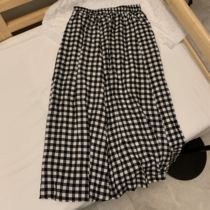 Art retro style 2021 homemade soft pituitary silk cotton black and white plaid half body dress with a long section of a character thin