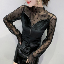 Half-height collar bottom-shirt woman autumn winter sexy net yarn splicing zipper long sleeve T-shirt with a jacket foreign air small shirt damp