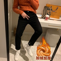 BROTHER winter mens fashion mid-waist slim black jeans Korean stretch plus velvet trendy pants