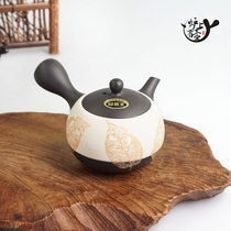 Japan imported Tokoname-yaki Shogun Kiln Carie Katsukichi made black mud side handle urgent need teapot Two people work hard to collect