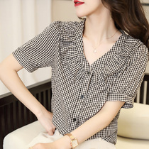 Mularsa Method Lotus Leaf Side V Collar Snowspinning Shirt Woman 2022 Summer new black and white checkered shirt with small shirt