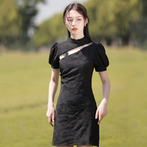 Black cheongsam dress 2021 new female summer short young hollow hollow French niche retro modified version