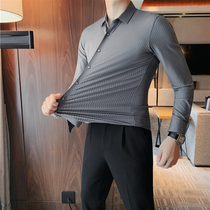 Untraced anti-Zou Gao elastic shirt skull mens stripes light luxury high-sense sleeve Han Edition dimming tide shirt