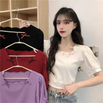 Cotton umbilical short-sleeved T-shirt womens design sense niche ine2021 new bow French square collar bubble sleeve top