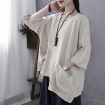 Han Suoyi retro art spring and summer new large size women's summer fat mm loose cotton and linen five-point sleeve T-shirt women