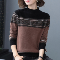 Semi-high collar sweater womens autumn winter retro shorts wool sweater women 100 pure wool Coloured loose knit undershirt