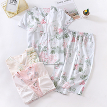 ins cotton silk short sleeve Capri pants with chest pad pajamas fresh cardigan cotton home suit women Summer free bra