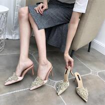 2021 summer new high-heeled slippers female cool drag sexy thin heel pointed beaded rhinestone Baotou spring and autumn tide half-bracket