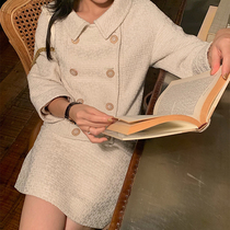 From a tweed suit womens autumn double-breasted wide coat two-piece short skirt womens French retro skirt