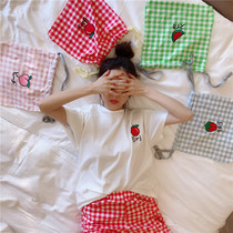 Short-sleeved pajamas womens summer thin cotton thin and fat mm200 catties plaid shorts home service set with storage bag