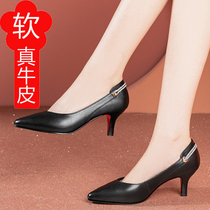 Female type pointed positive dress leather shoes women 2021 new genuine leather shallow mouth single shoes red fine heels and shoes spring womens shoes