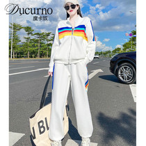 Ducurno Sports Casual Suit Women Spring Autumn 2021 New Fashion Loose White Cardiovert Jacket Two-piece Set