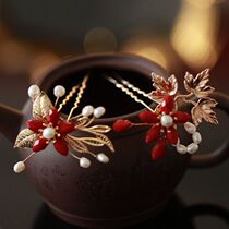 u type hair hairpin red Chinese New Year headwear hairpin modern dot decorated with small hairpin hanfu qipao bridal Chinese show and ornament