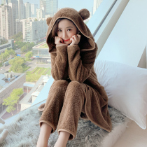 2021 New Sleepwear Woman Autumn Winter Coral Suede Thicken Plus Suede Small Bear Cute Family Residence Flannel Suede can be worn out