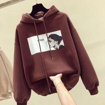 Korean coffee-colored sweater short hooded coat 2020 autumn winter Korean version loose and velvet thickened printing top