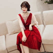 Wedding toast dress bride 2021 autumn modern thin mid-long section thank-you banquet return dress red dress v-neck