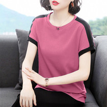 Large size womens short-sleeved T-shirt 2020 summer new stitching contrast color middle-aged mother outfit loose thin half-sleeve top