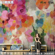 Hand-painted abstract flower American pastoral beautiful oil painting living room TV background wallpaper seamless sofa wallpaper mural