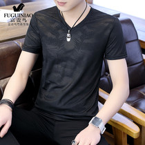 Rich bird short sleeve T-shirt trendy men V collar summer ice silk Korean version of mens thin slim T-shirt mens ins trend tremble