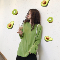 Long-sleeved T-shirt womens base shirt 2021 spring and autumn new net red bull oil fruit green outside wear ins matcha green loose top