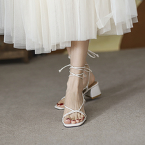 Strap sandals women Summer flat bottom 2022 New fairy Wind ladies in heel coarse heel summer Roman beach Shoe