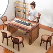 Rattan balcony tea table and chair combination Household solid wood small tea table living room simple modern Zen new Chinese tea table