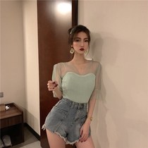 Korean slim womens V-neck mesh stitching sweater top trendy new solid color lantern sleeve base shirt