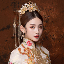 Cute bride Chinese costume wedding ancient style Golden pearl phoenix crown Long tassel delicate Xiuhe clothing headdress set