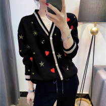 Black V-led knit cardiovert woman long sleeve thin style cardiovert jacket woman knitted spring autumn season 2022 new European station