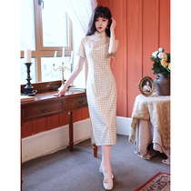 Yellow plaid cheongsam young 2021 New Girl long temperament daily art improved dress summer