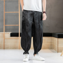Dragon-pattern dark flower mens summer bloomers lace-up legs practice pants thin Chinese style casual gourd pants