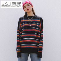 (A small number of spot)Korea direct mail mixxmix fashion womens popular crew neck Korean version of the color stripe sweater