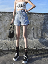 Super high waist denim shorts Women summer thin wide legs loose inclined belt design sense temperament hot girl a character hot pants