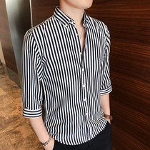 Summer striped shirt mens short-sleeved slim Korean version 7 three-quarter sleeve trend casual handsome 5 five-quarter sleeve long-sleeved shirt
