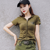 Summer camouflage suit short sleeve T-shirt female slim slim military uniform sailor dance performance costume hooded half-sleeve shirt tide tide
