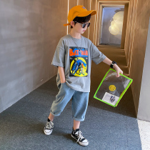 Boys short-sleeved T-shirt 2021 summer new childrens summer dress Zhongda Korean fake two-piece sports coat tide