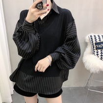 Lady fake two black shirts female splicing knitted lining long sleeve design sensation 2022 Spring new European station
