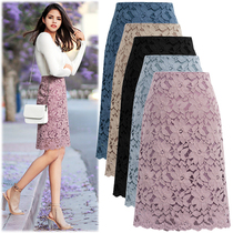 Half skirt womens 2021 autumn and winter New thin water soluble lace dress is very fairy plus velvet niche velvet niche a word long bag hip skirt